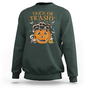 Funny Halloween Sweatshirt Trick Or Trashy Racoon Vintage Pumpkin Bat Trash TS11 Dark Forest Green Print Your Wear
