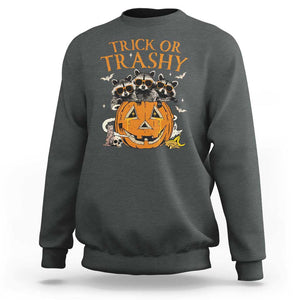 Funny Halloween Sweatshirt Trick Or Trashy Racoon Vintage Pumpkin Bat Trash TS11 Dark Heather Print Your Wear