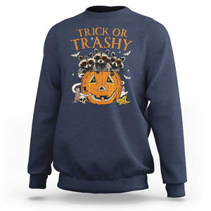 Funny Halloween Sweatshirt Trick Or Trashy Racoon Vintage Pumpkin Bat Trash TS11 Navy Print Your Wear