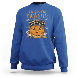 Funny Halloween Sweatshirt Trick Or Trashy Racoon Vintage Pumpkin Bat Trash TS11 Royal Blue Print Your Wear