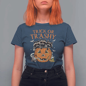Funny Halloween T Shirt For Women Trick Or Trashy Racoon Vintage Pumpkin Bat Trash TS11 Navy Print Your Wear
