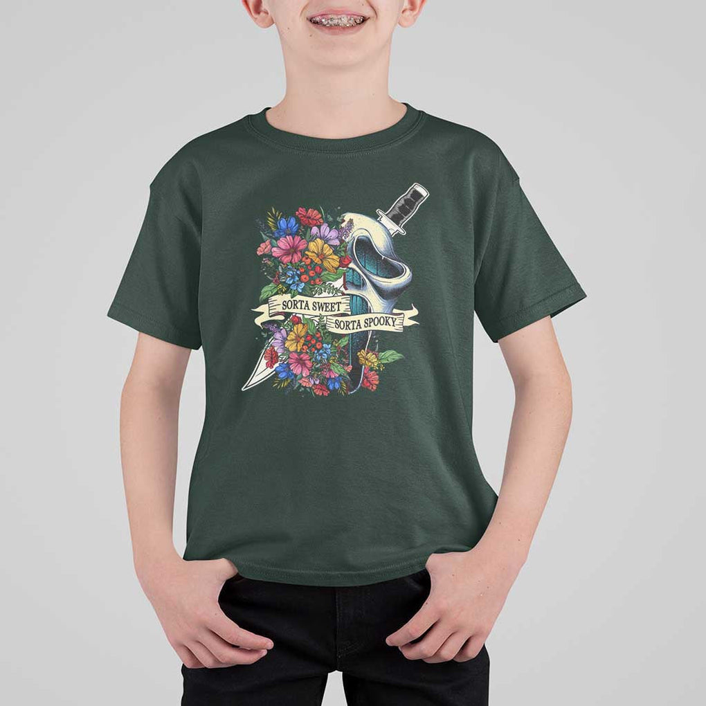 Funny Halloween T Shirt For Kid Sorta Sweet Sorta Spooky Ghost Flower Knife Murderer TS11 Dark Forest Green Print Your Wear