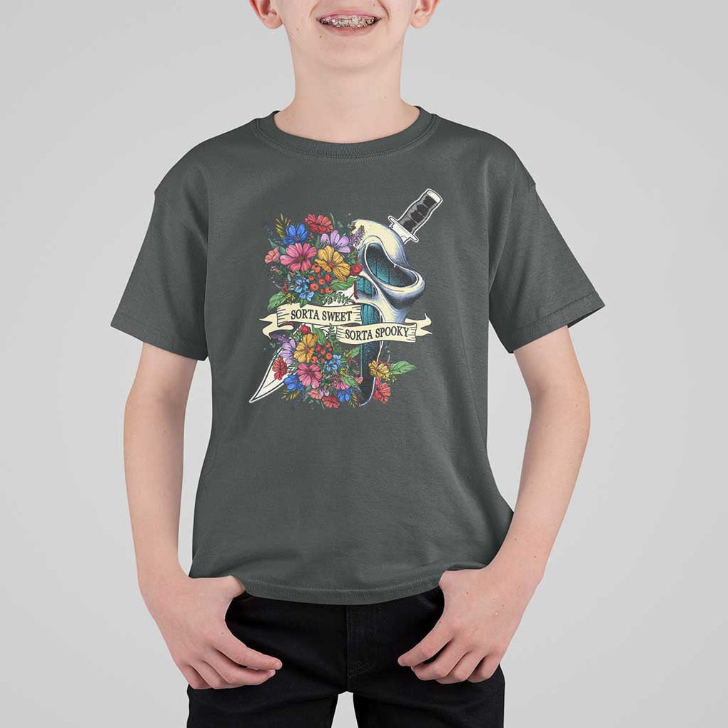 Funny Halloween T Shirt For Kid Sorta Sweet Sorta Spooky Ghost Flower Knife Murderer TS11 Dark Heather Print Your Wear