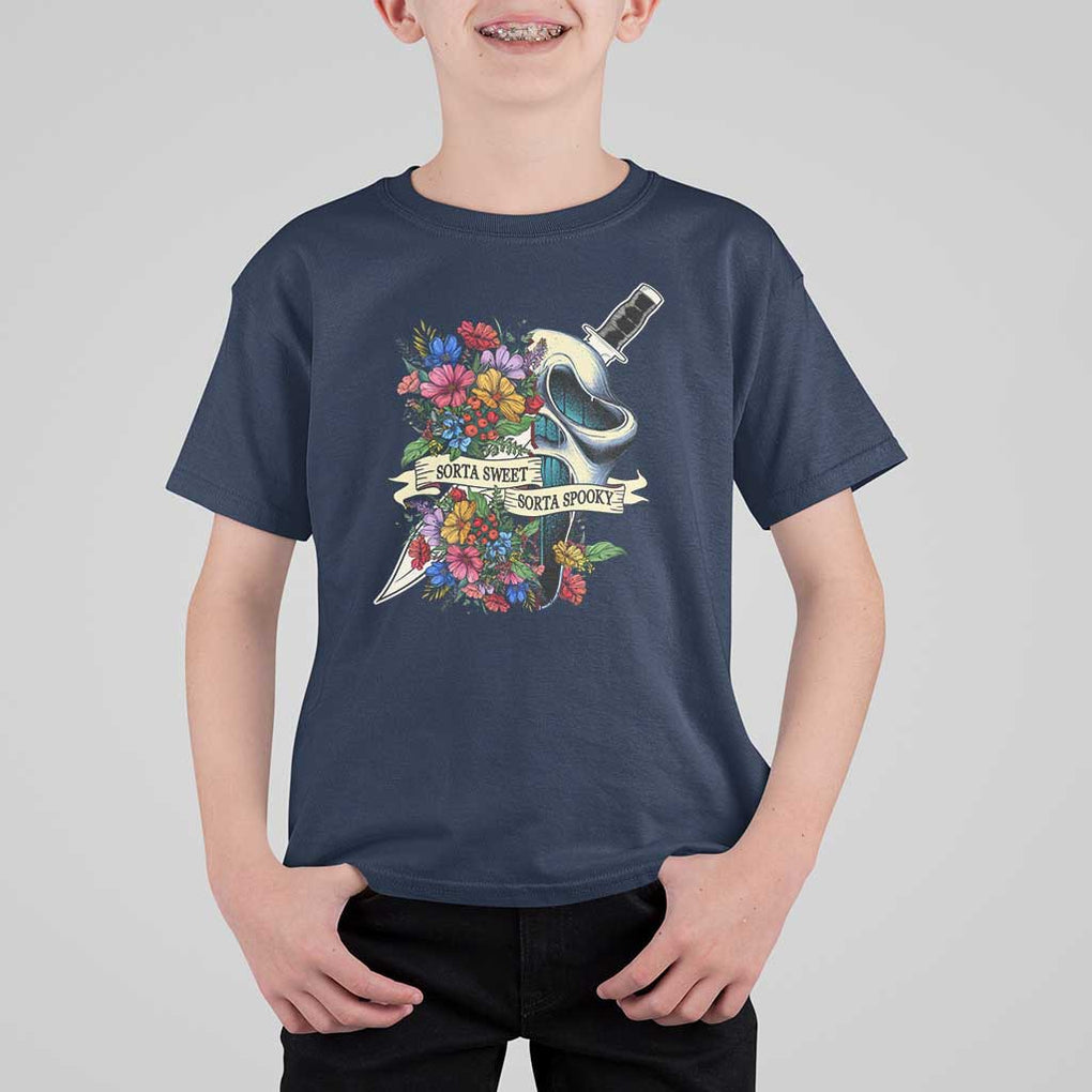Funny Halloween T Shirt For Kid Sorta Sweet Sorta Spooky Ghost Flower Knife Murderer TS11 Navy Print Your Wear