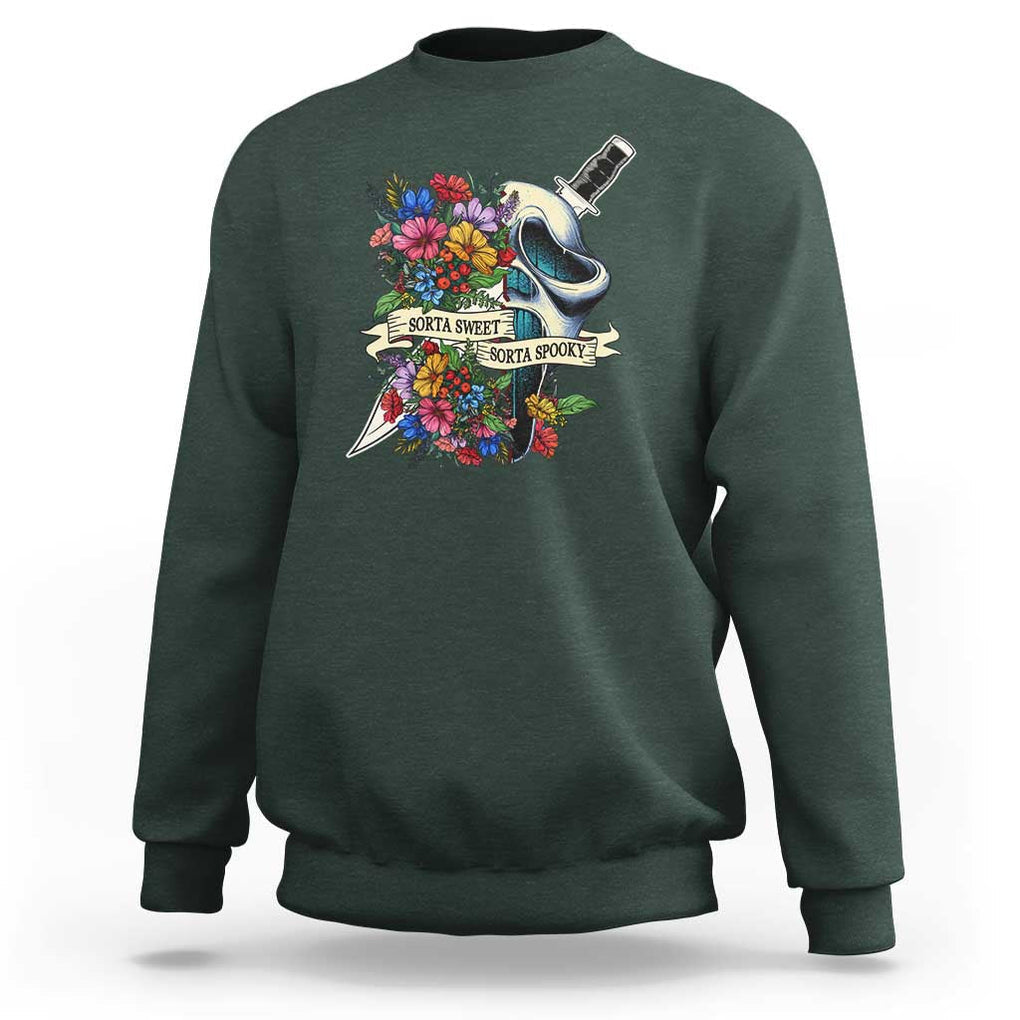Funny Halloween Sweatshirt Sorta Sweet Sorta Spooky Ghost Flower Knife Murderer TS11 Dark Forest Green Print Your Wear