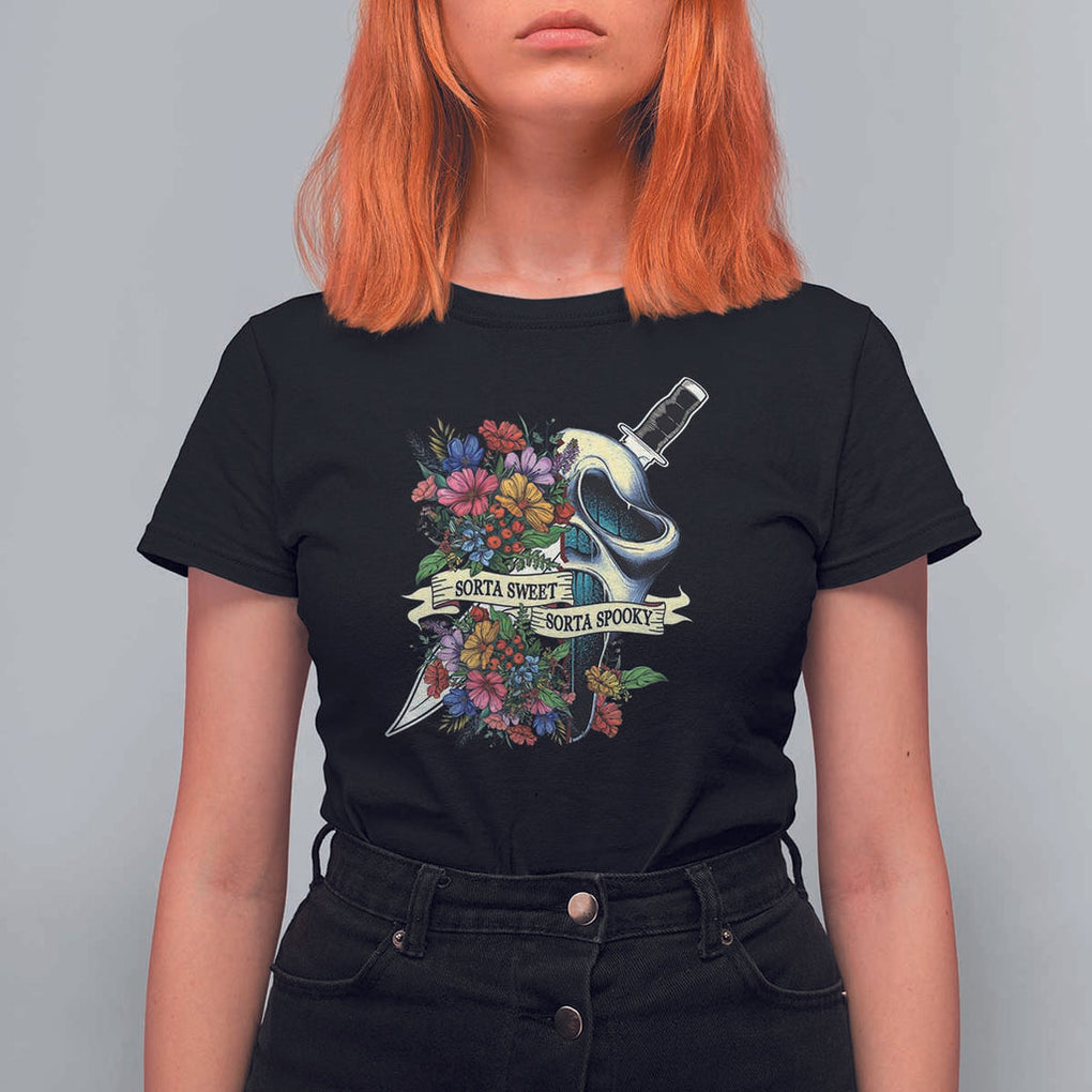 Funny Halloween T Shirt For Women Sorta Sweet Sorta Spooky Ghost Flower Knife Murderer TS11 Black Print Your Wear
