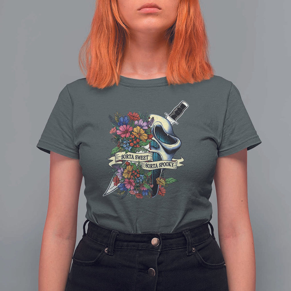 Funny Halloween T Shirt For Women Sorta Sweet Sorta Spooky Ghost Flower Knife Murderer TS11 Dark Heather Print Your Wear