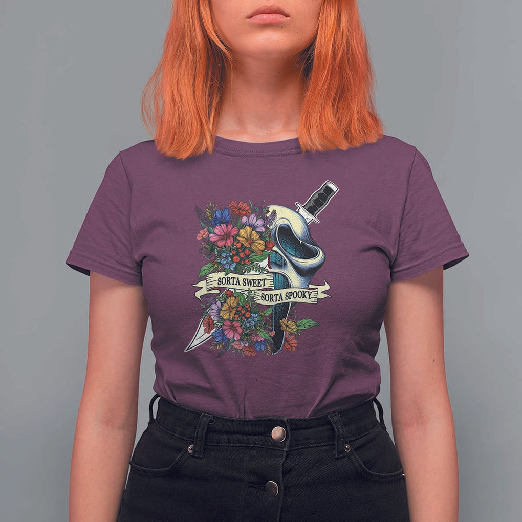 Funny Halloween T Shirt For Women Sorta Sweet Sorta Spooky Ghost Flower Knife Murderer TS11 Maroon Print Your Wear