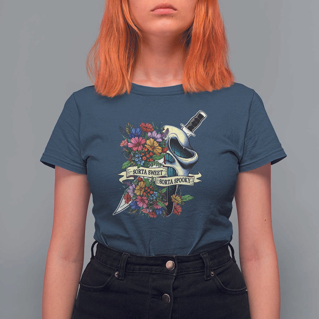 Funny Halloween T Shirt For Women Sorta Sweet Sorta Spooky Ghost Flower Knife Murderer TS11 Navy Print Your Wear