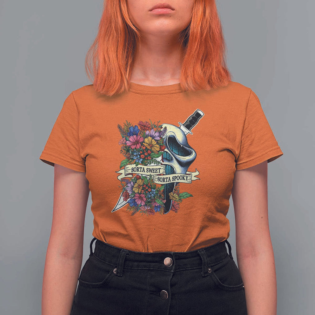 Funny Halloween T Shirt For Women Sorta Sweet Sorta Spooky Ghost Flower Knife Murderer TS11 Orange Print Your Wear
