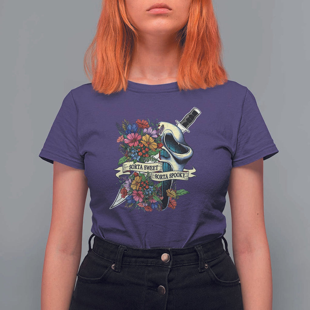 Funny Halloween T Shirt For Women Sorta Sweet Sorta Spooky Ghost Flower Knife Murderer TS11 Purple Print Your Wear