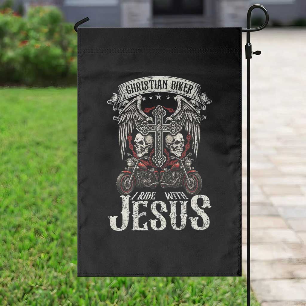 Christian Biker I Ride With Jesus Garden Flag Religious Faith Motorcycle Rider Skull TS11 Print Your Wear