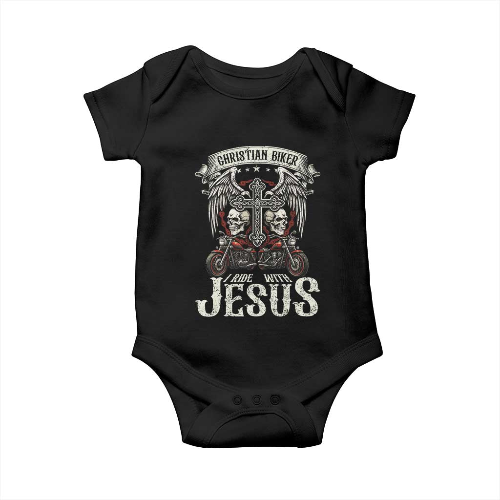 Christian Biker I Ride With Jesus Baby Onesie Religious Faith Motorcycle Rider Skull TS11 Black Print Your Wear