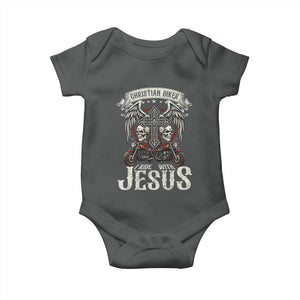 Christian Biker I Ride With Jesus Baby Onesie Religious Faith Motorcycle Rider Skull TS11 Dark Heather Print Your Wear