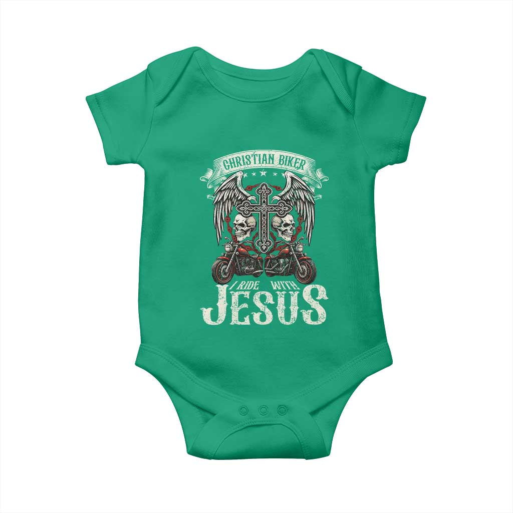 Christian Biker I Ride With Jesus Baby Onesie Religious Faith Motorcycle Rider Skull TS11 Irish Green Print Your Wear