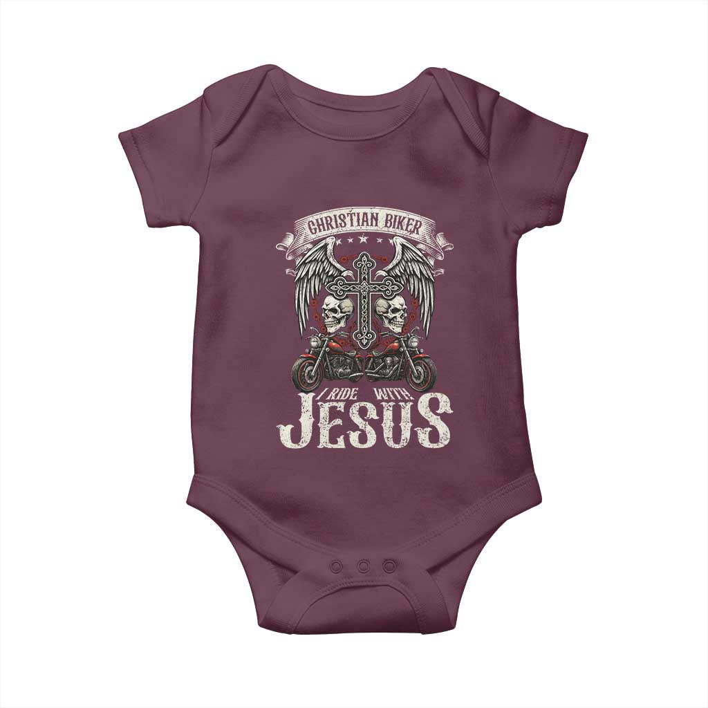 Christian Biker I Ride With Jesus Baby Onesie Religious Faith Motorcycle Rider Skull TS11 Maroon Print Your Wear