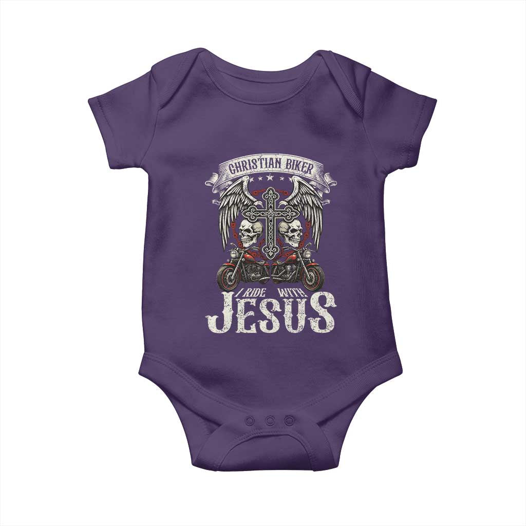 Christian Biker I Ride With Jesus Baby Onesie Religious Faith Motorcycle Rider Skull TS11 Purple Print Your Wear