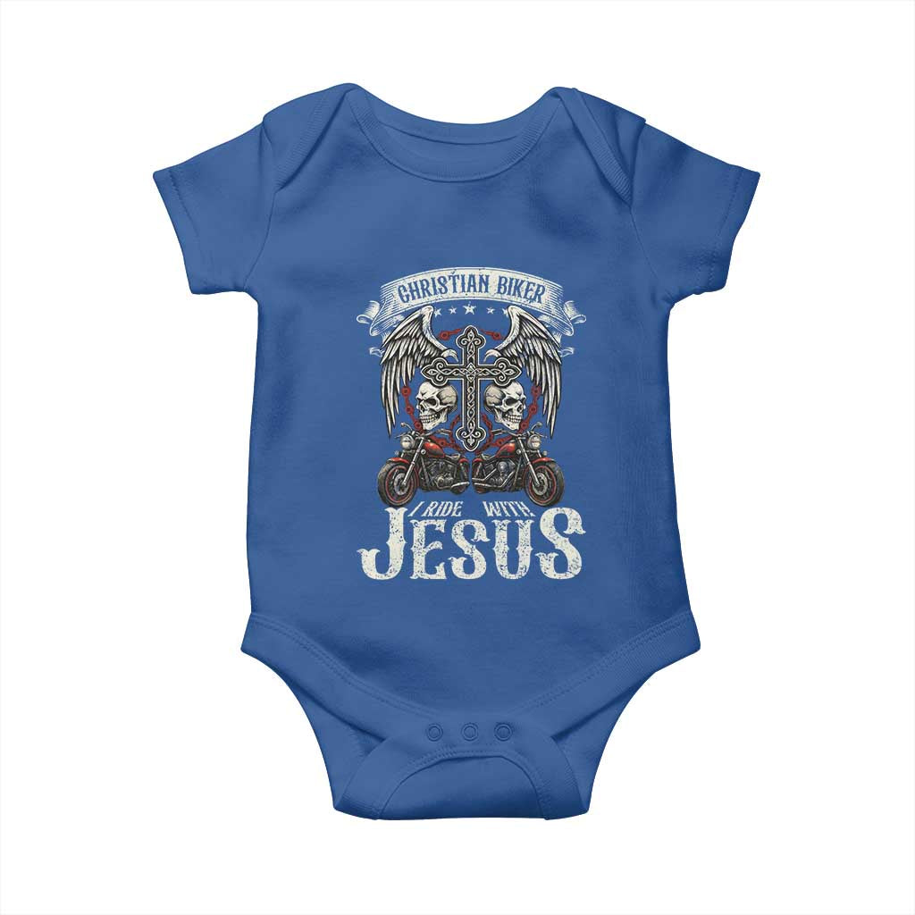 Christian Biker I Ride With Jesus Baby Onesie Religious Faith Motorcycle Rider Skull TS11 Royal Blue Print Your Wear