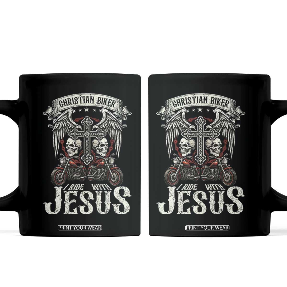 Christian Biker I Ride With Jesus Coffee Mug Religious Faith Motorcycle Rider Skull TS11 Black Print Your Wear