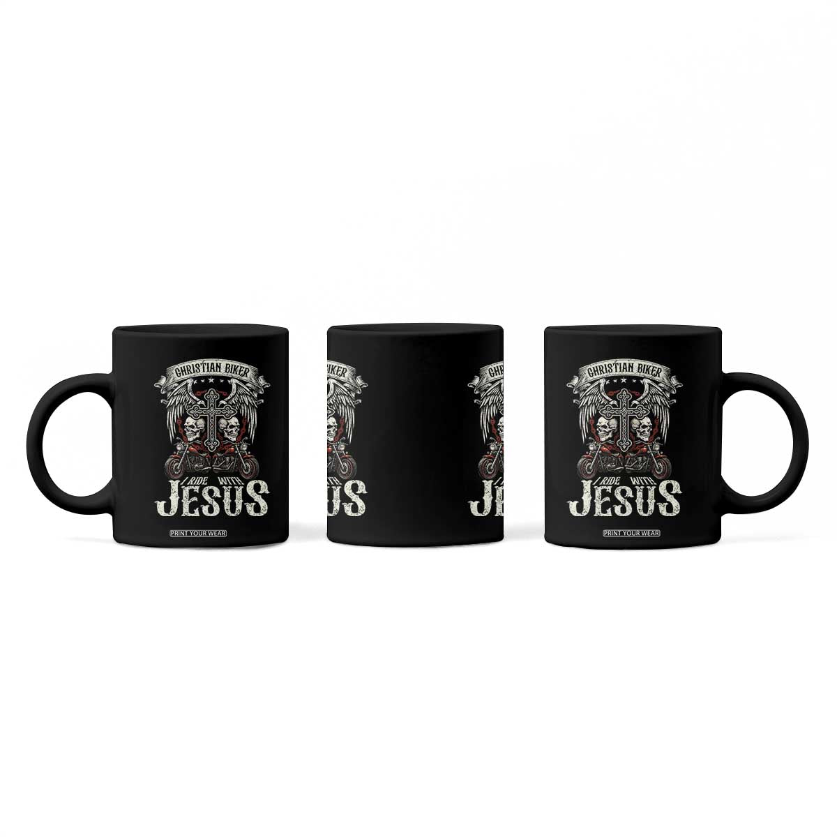 Christian Biker I Ride With Jesus Coffee Mug Religious Faith Motorcycle Rider Skull TS11 Print Your Wear