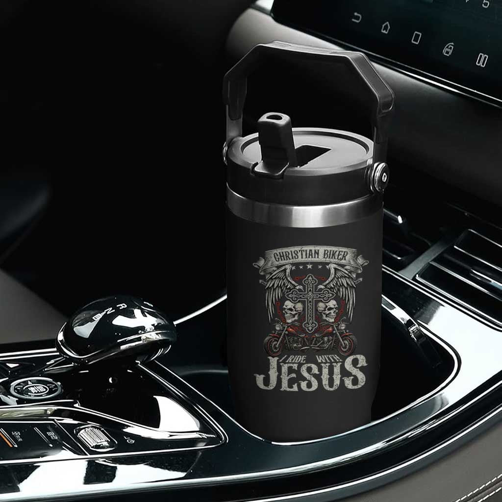 Christian Biker I Ride With Jesus Flip Straw Tumbler Religious Faith Motorcycle Rider Skull TS11 Print Your Wear