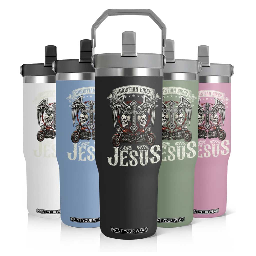 Christian Biker I Ride With Jesus Flip Straw Tumbler Religious Faith Motorcycle Rider Skull TS11 Print Your Wear