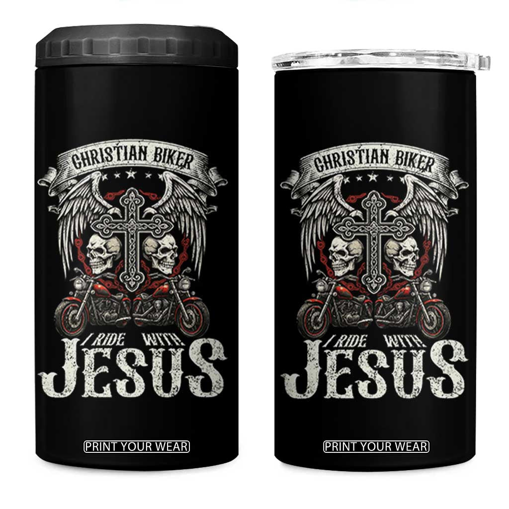 Christian Biker I Ride With Jesus 4 in 1 Can Cooler Tumbler Religious Faith Motorcycle Rider Skull TS11 One Size: 16 oz Black Print Your Wear
