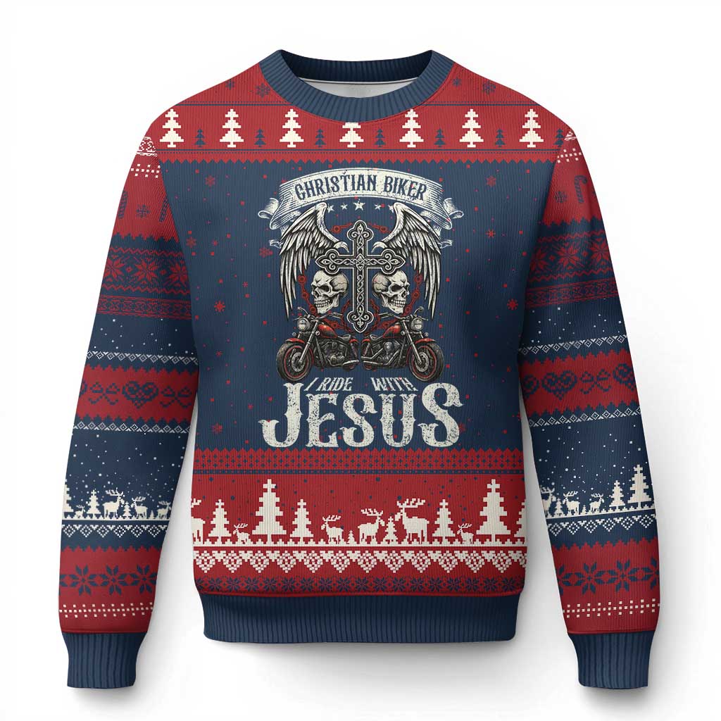 Christian Biker I Ride With Jesus Ugly Christmas Sweater Religious Faith Motorcycle Rider Skull TS11 Navy Red Print Your Wear