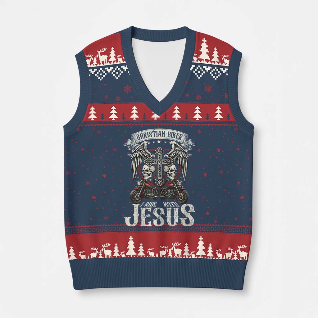 Christian Biker I Ride With Jesus V-Neck Knit Sweater Vest Religious Faith Motorcycle Rider Skull TS11 Navy Red Print Your Wear