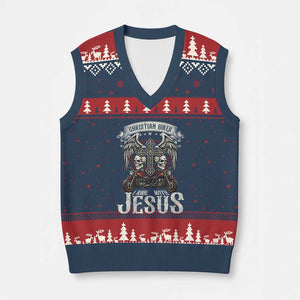 Christian Biker I Ride With Jesus V-Neck Knit Sweater Vest Religious Faith Motorcycle Rider Skull TS11 Navy Red Print Your Wear