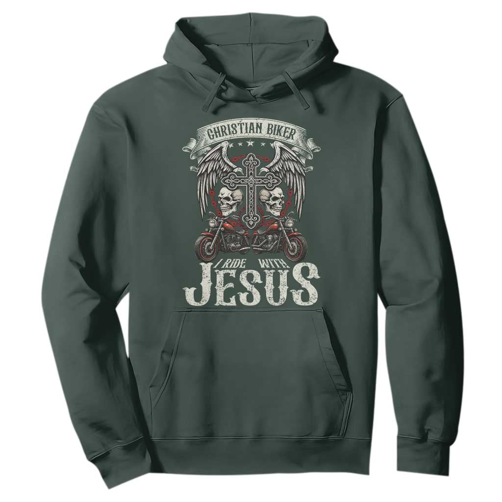 Christian Biker I Ride With Jesus Hoodie Religious Faith Motorcycle Rider Skull TS11 Dark Forest Green Print Your Wear