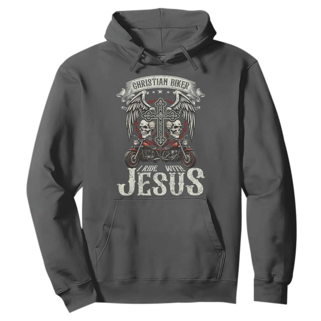 Christian Biker I Ride With Jesus Hoodie Religious Faith Motorcycle Rider Skull TS11 Dark Heather Print Your Wear