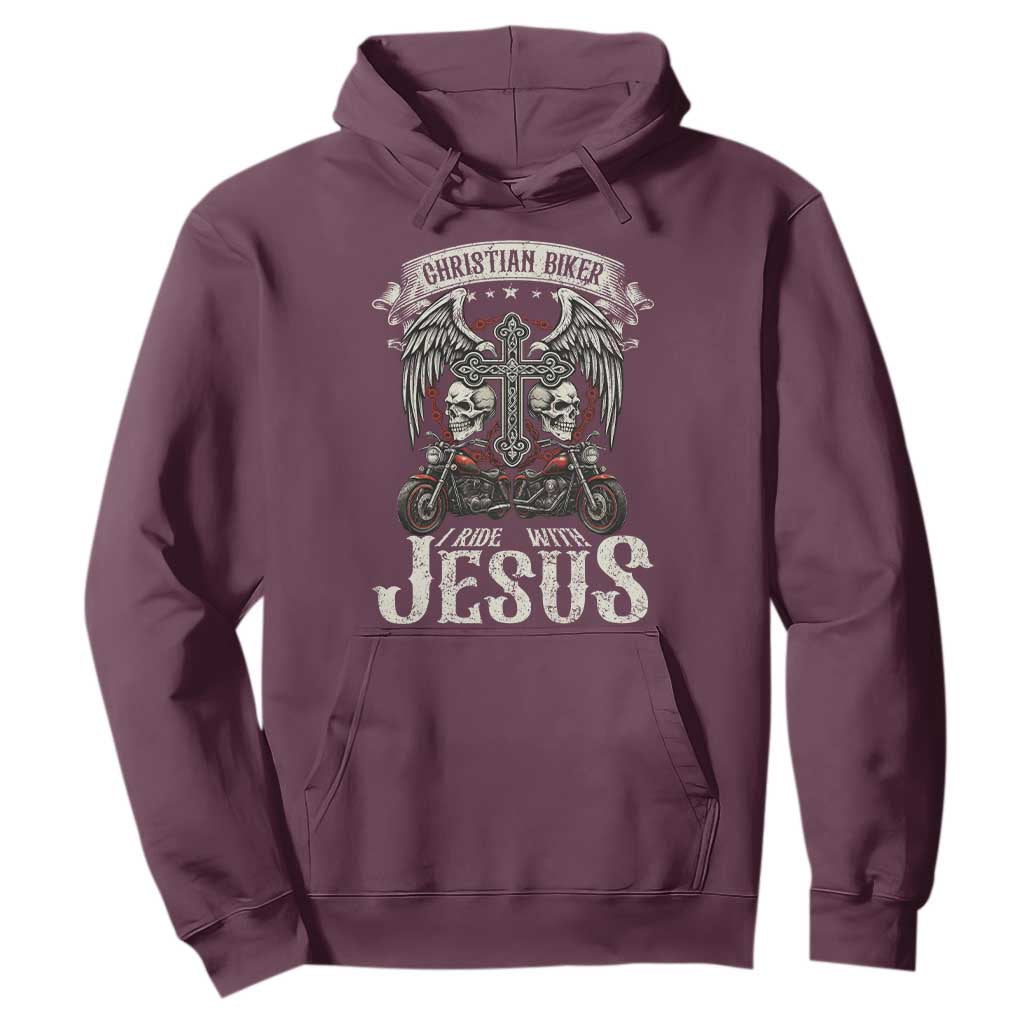Christian Biker I Ride With Jesus Hoodie Religious Faith Motorcycle Rider Skull TS11 Maroon Print Your Wear