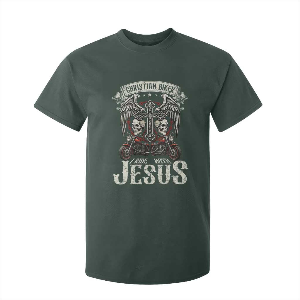 Christian Biker I Ride With Jesus T Shirt For Kid Religious Faith Motorcycle Rider Skull TS11 Dark Forest Green Print Your Wear