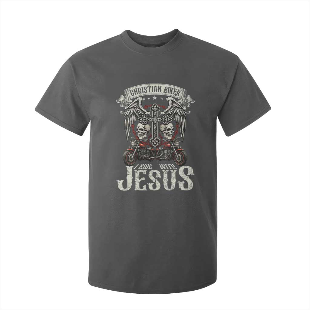 Christian Biker I Ride With Jesus T Shirt For Kid Religious Faith Motorcycle Rider Skull TS11 Dark Heather Print Your Wear