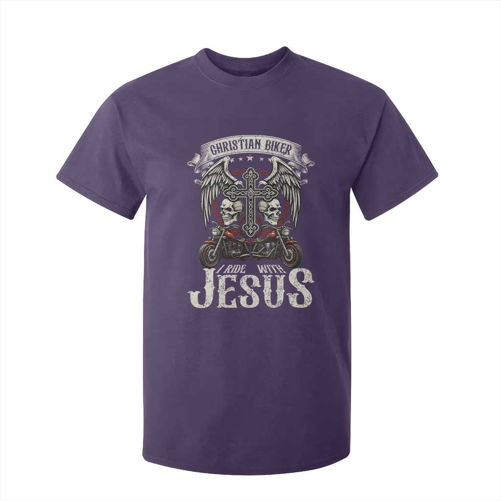 Christian Biker I Ride With Jesus T Shirt For Kid Religious Faith Motorcycle Rider Skull TS11 Purple Print Your Wear