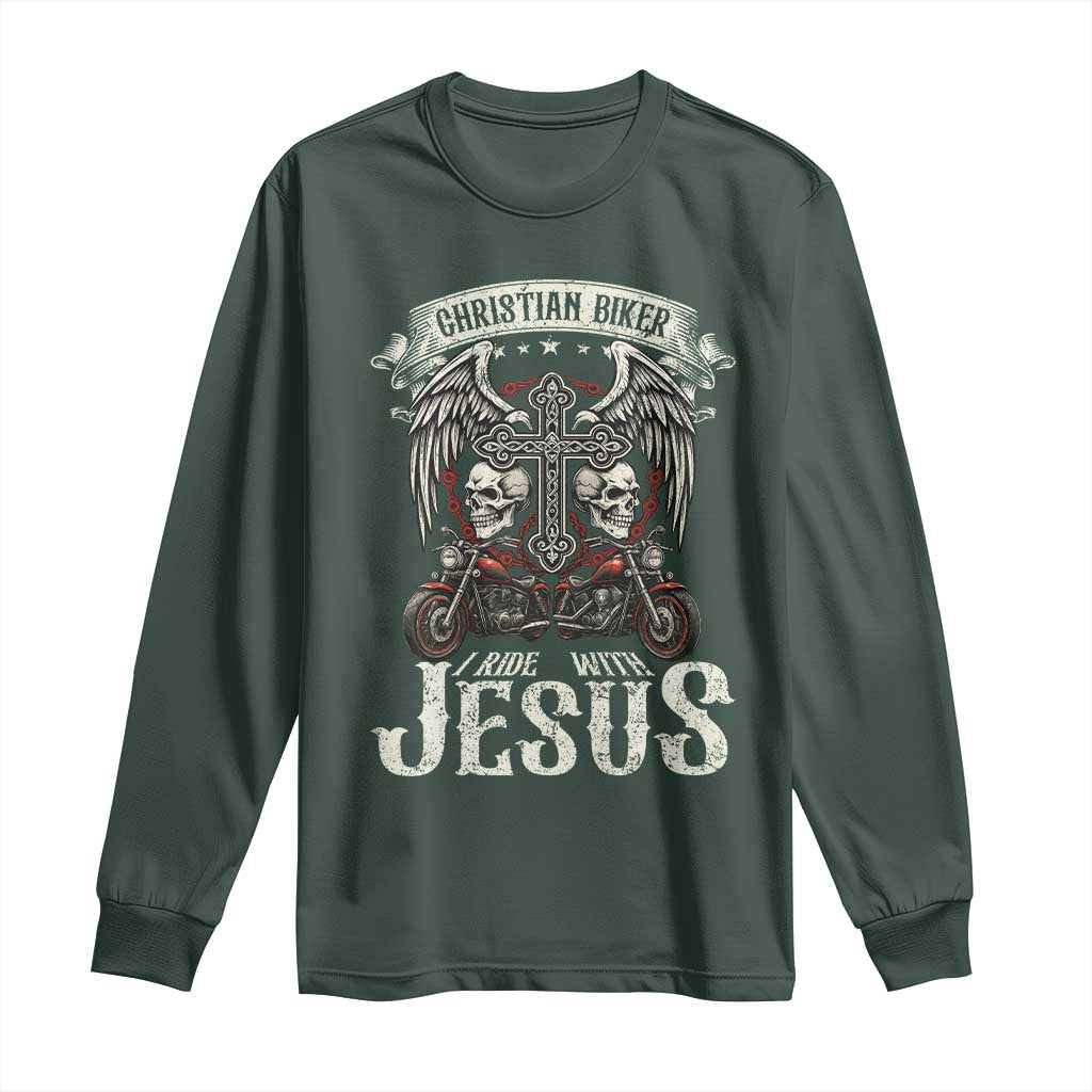 Christian Biker I Ride With Jesus Long Sleeve Shirt Religious Faith Motorcycle Rider Skull TS11 Dark Forest Green Print Your Wear