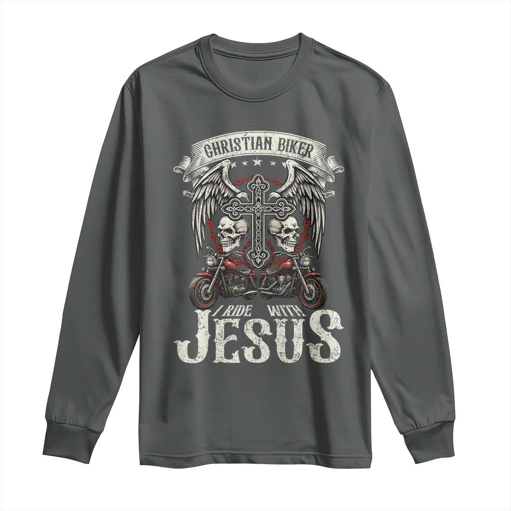 Christian Biker I Ride With Jesus Long Sleeve Shirt Religious Faith Motorcycle Rider Skull TS11 Dark Heather Print Your Wear