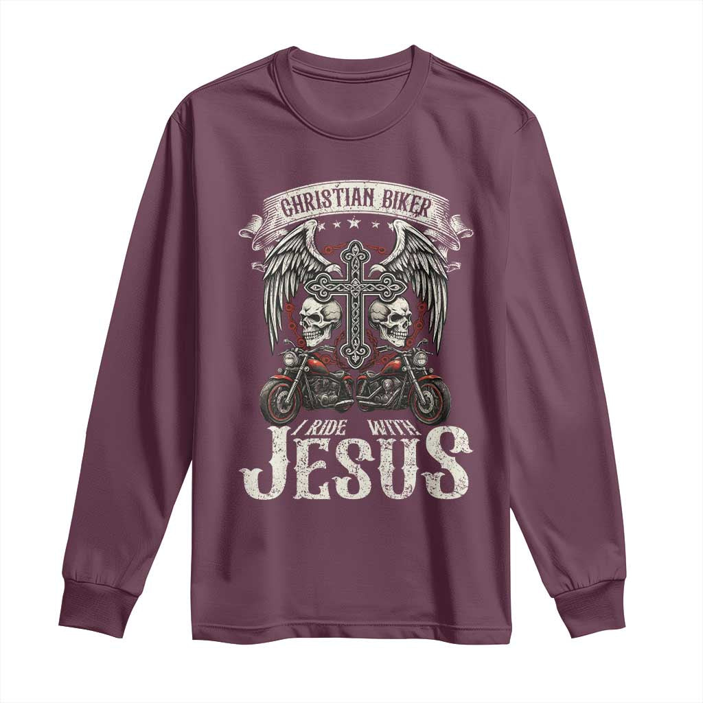 Christian Biker I Ride With Jesus Long Sleeve Shirt Religious Faith Motorcycle Rider Skull TS11 Maroon Print Your Wear
