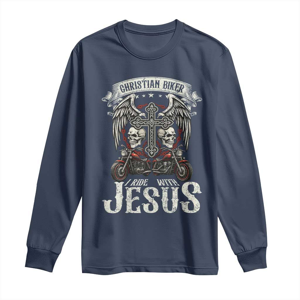 Christian Biker I Ride With Jesus Long Sleeve Shirt Religious Faith Motorcycle Rider Skull TS11 Navy Print Your Wear