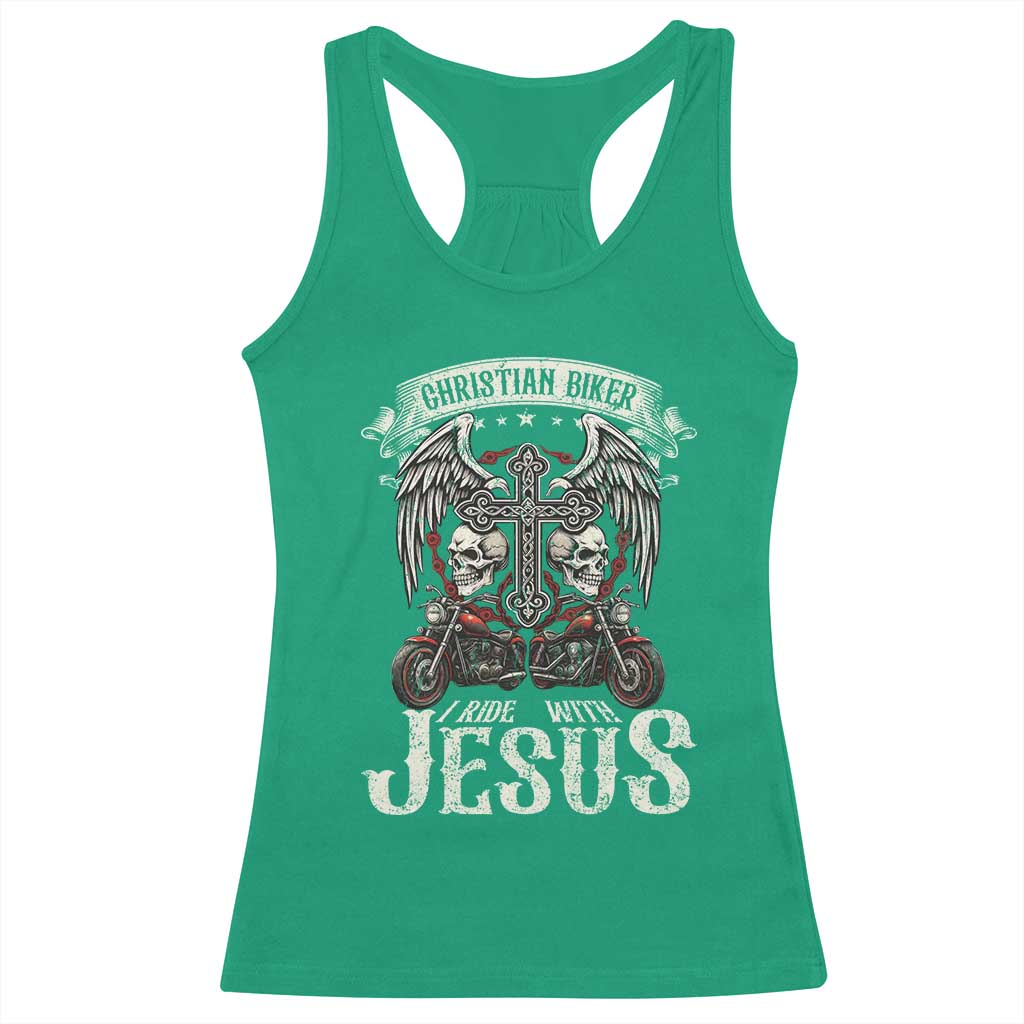 Christian Biker I Ride With Jesus Racerback Tank Top Religious Faith Motorcycle Rider Skull TS11 Irish Green Print Your Wear