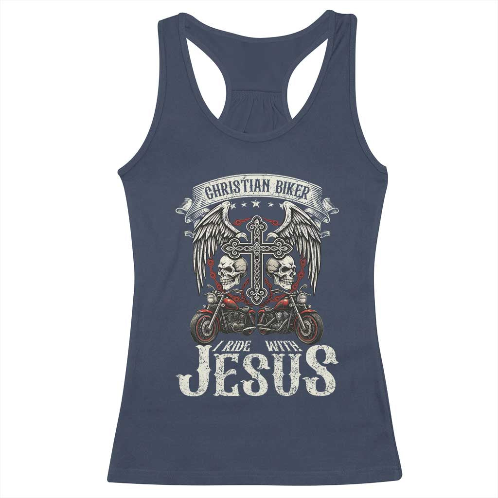Christian Biker I Ride With Jesus Racerback Tank Top Religious Faith Motorcycle Rider Skull TS11 Navy Print Your Wear