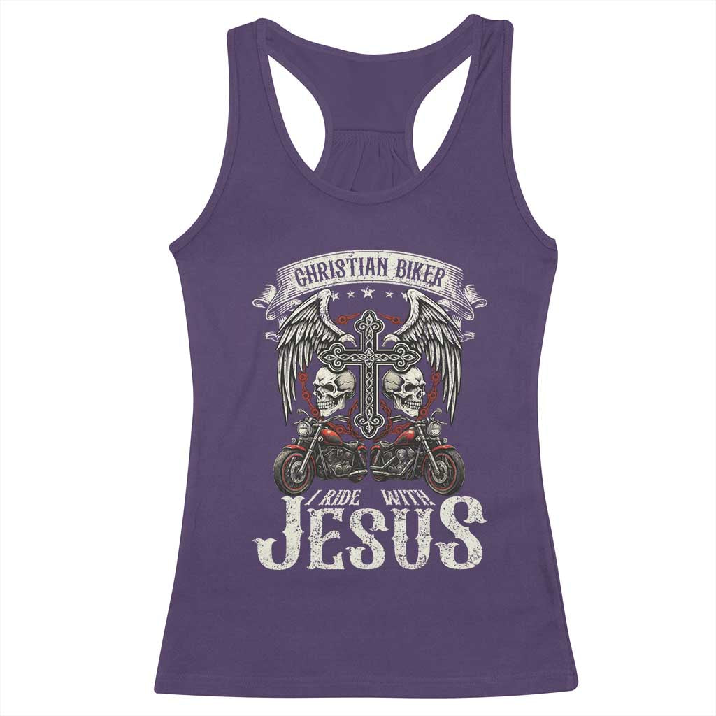 Christian Biker I Ride With Jesus Racerback Tank Top Religious Faith Motorcycle Rider Skull TS11 Purple Print Your Wear