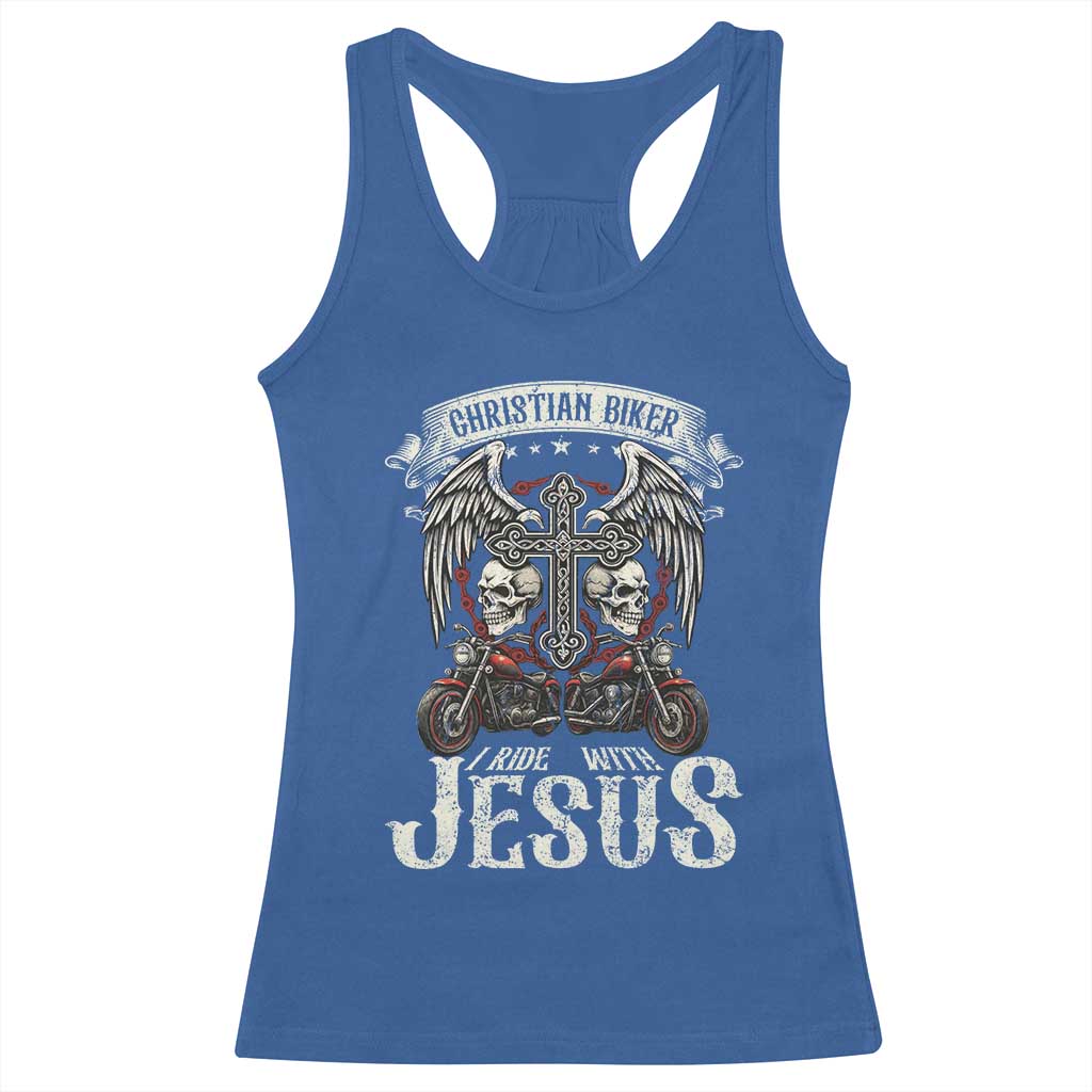 Christian Biker I Ride With Jesus Racerback Tank Top Religious Faith Motorcycle Rider Skull TS11 Royal Blue Print Your Wear