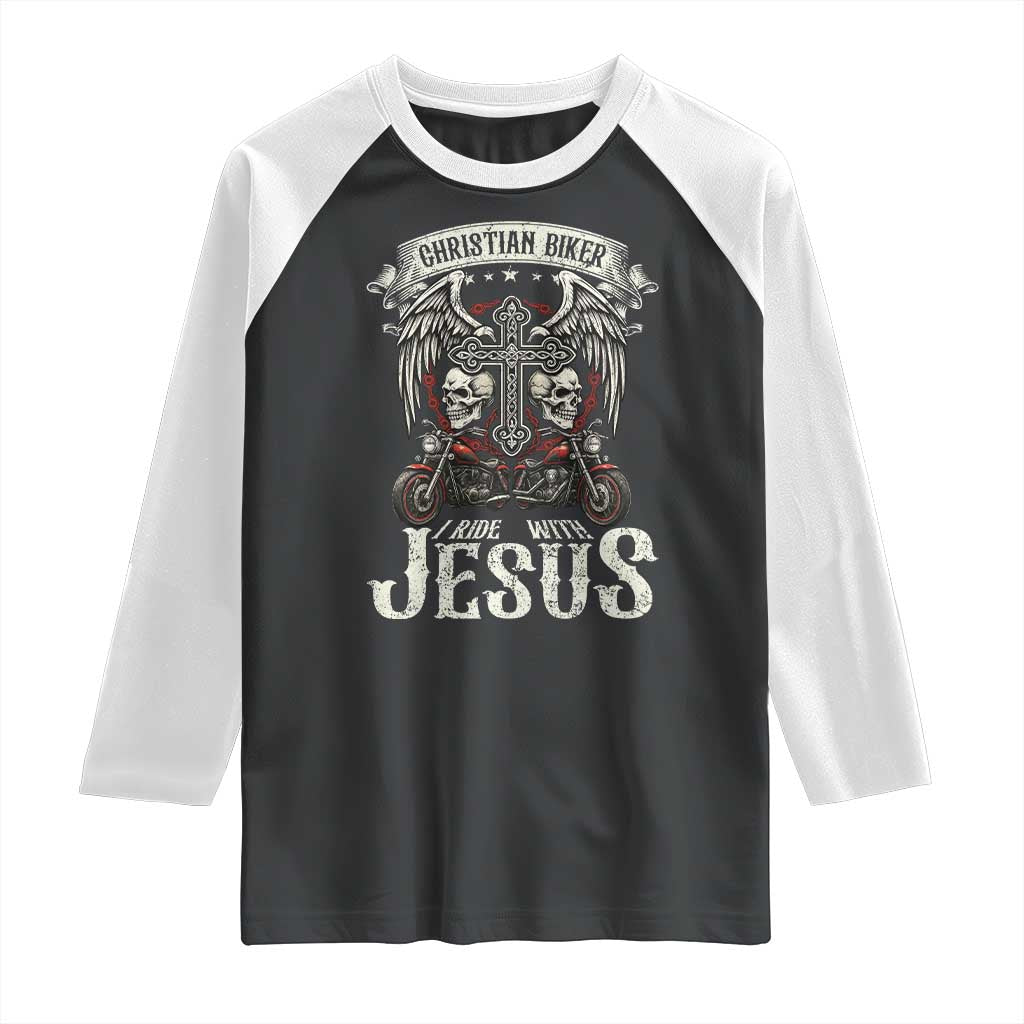 Christian Biker I Ride With Jesus Raglan Shirt Religious Faith Motorcycle Rider Skull TS11 Black White Print Your Wear