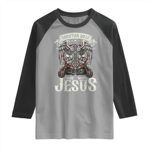 Christian Biker I Ride With Jesus Raglan Shirt Religious Faith Motorcycle Rider Skull TS11 Sport Gray Black Print Your Wear