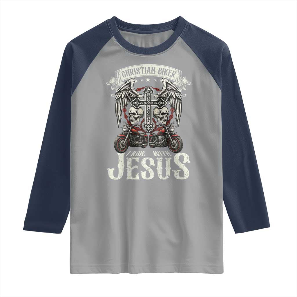 Christian Biker I Ride With Jesus Raglan Shirt Religious Faith Motorcycle Rider Skull TS11 Sport Gray Navy Print Your Wear