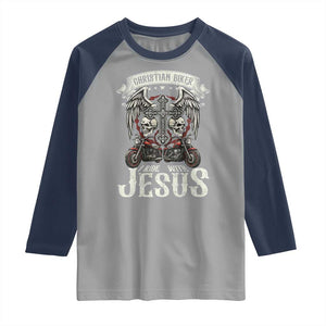 Christian Biker I Ride With Jesus Raglan Shirt Religious Faith Motorcycle Rider Skull TS11 Sport Gray Navy Print Your Wear
