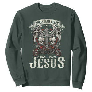 Christian Biker I Ride With Jesus Sweatshirt Religious Faith Motorcycle Rider Skull TS11 Dark Forest Green Print Your Wear