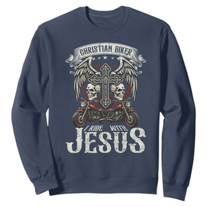 Christian Biker I Ride With Jesus Sweatshirt Religious Faith Motorcycle Rider Skull TS11 Navy Print Your Wear
